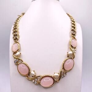 Trifari Vintage Necklace With Soft Pink Lucite Cabochons Stones